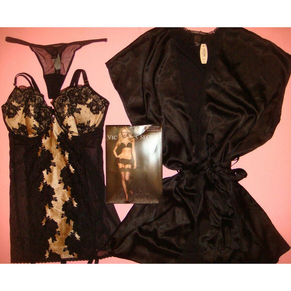 Victoria's Secret 34B GARTER SLIP DRESS Corset+M ROBE black beige Sexy Seduction - Picture 7 of 8